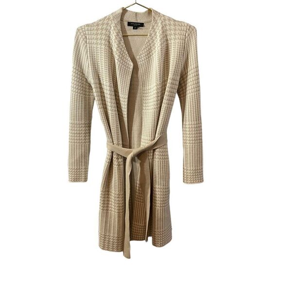 Ann Taylor Petite Houndstooth Beige White Belted Cardigan Sweater Size XSP - Picture 1 of 11